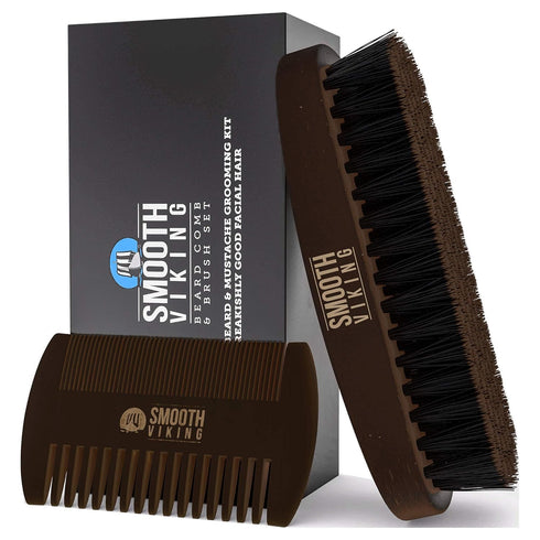 Smooth Viking Beard Brush & Comb Gift Set for Men, Natural Boar Bristle Hair Brush & Wooden Comb for Grooming & Beard