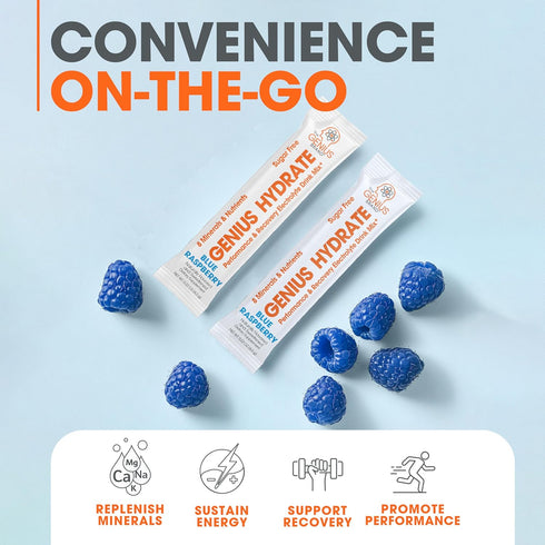 Pack 20 Packets The Genius Brand - Genius Hydrate Stick Powder Drink Mix Blue Raspberry Flavor, Natural Electrolyte