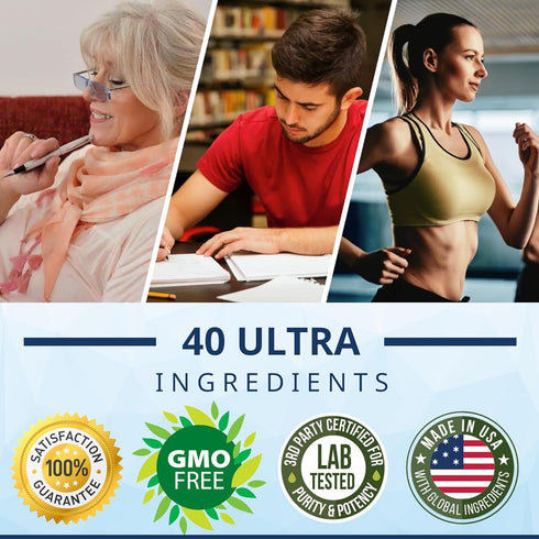 40-in-1 Brain Booster Supplement for Focus, Memory, Clarity, Energy, 60 Capsules with Advanced Vitamins for Nootropic