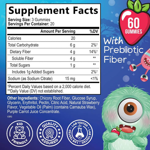 Fiber Gummies for Kids Supplement - Daily Prebiotic Fiber for Kids, Supports Regularity, Digestive Health & Immune Support, Nature's Plant Based Chicory Root Vitamins, Vegan, Berry Flavor, 60 Gummies