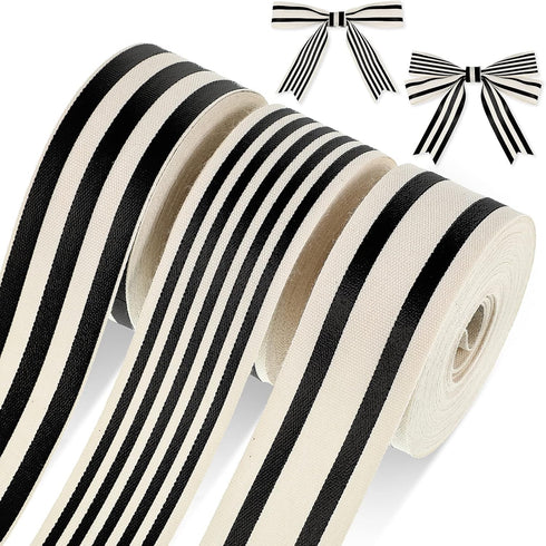 3 Rolls 1 Inch x 18 Yards Christmas Black White Stripe Ribbon, Natural Cotton for Gift Wrapping, Home Christmas Decor