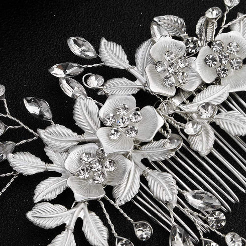 Sliver Flower Hair Comb with 2 Clear Crystal Hair Pins and Sticks, Wedding & Bridal Hair Accessories for Bridesmaids.