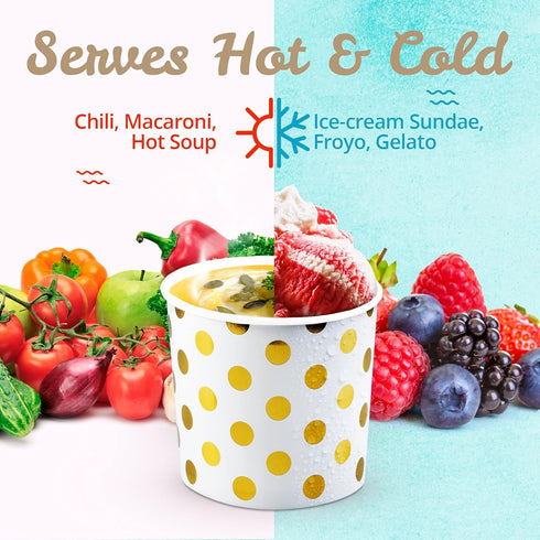 MATICAN 50-Count Paper Ice Cream Cups, 11-Oz Disposable Dessert Bowls for Hot or Cold Food, Gold Foil Polka Dots