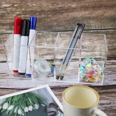 QPEY Acrylic Pen Holder Organizer with 4 Compartments, Clear Makeup Brush Holder for Office Desk Accessories