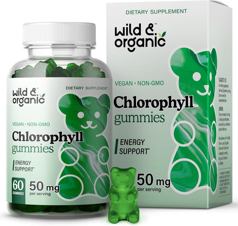 Wild & Organic Chlorophyll Gummies 50mg, Detox Cleanse Supplements with Sodium Copper Chlorophyllin, 60 Herbal Chews