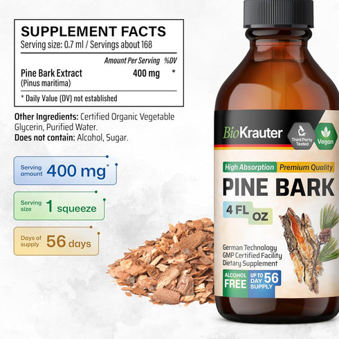 Pine Bark Extracts Tincture - 400 mg Organic French Maritime Pine Bark Extract Drops, Vegan & Sugar Free, 2 Months