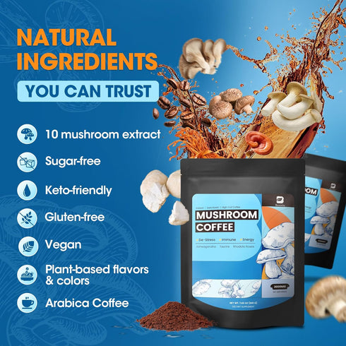 Immunity, 60 B BEWORTHS Mushroom Coffee Powder with Ashwagandha, L-theanine, Lion's Mane, Reishi, Chaga, Cordyceps