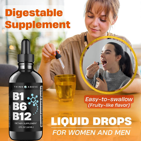 B1 B6 B12 Vitamin Liquid Drops - Nerve, Energy, Brain Support Supplement - Fruity Flavor - Methylcobalamin, Thiamine,
