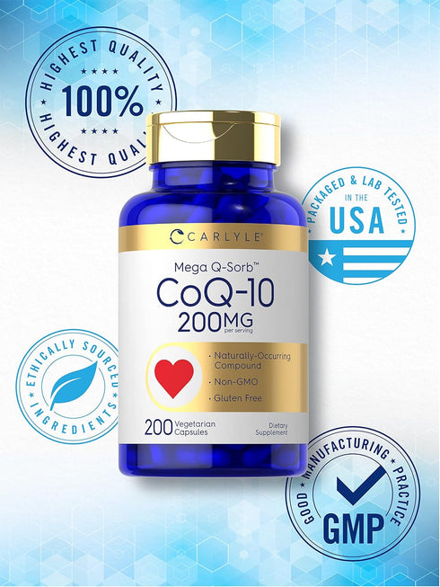 Carlyle CoQ10 200mg | Mega Q-Sorb Coenzyme Q-10 | 200 Capsules | Vegetarian, Non-GMO, Gluten Free