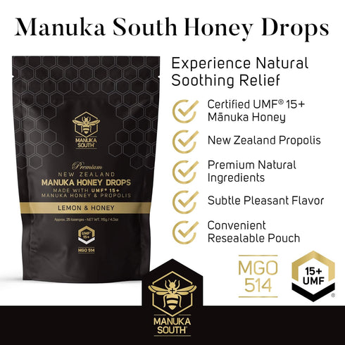 Manuka Honey Drops UMF 15+ / MGO 514+ & Propolis Drops, Natural Ingredients, Soothing Lemon & Honey Flavor - 25 Drops