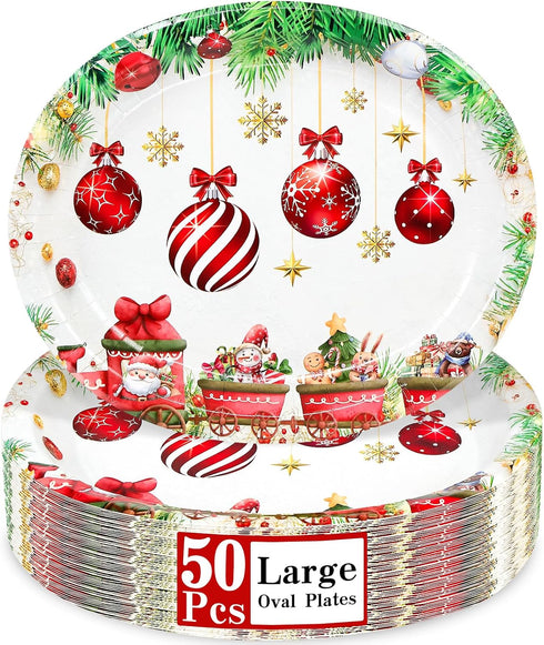 LIKAJON 50 Pcs Oval Christmas Ball Paper Plates, 12 x 10 Inch Large