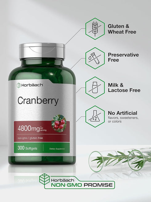 Horbaeach Cranberry Pills 4800mg, 300 Softgels, Non-GMO Gluten Free Supplement from Concentrate Extract