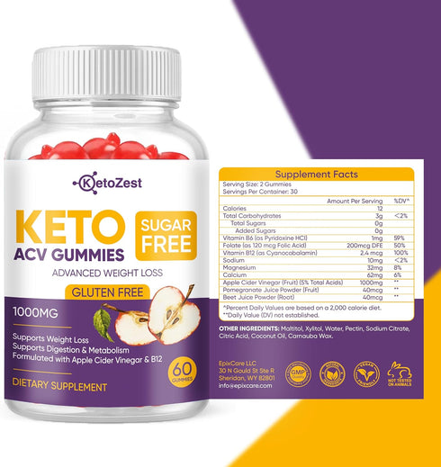 Keto ACV Gummies - Pro Active Super Apple Cider Vinegar for Advanced Weight Loss & Belly Fat Burn - 1000MG