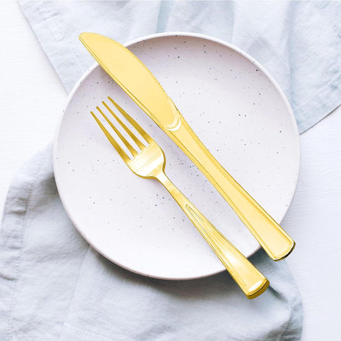 Party Essentials 50-Count Disposable Plastic Cutlery - Heavy-Duty Flatware/Silverware, Shiny Gold Knives for Events