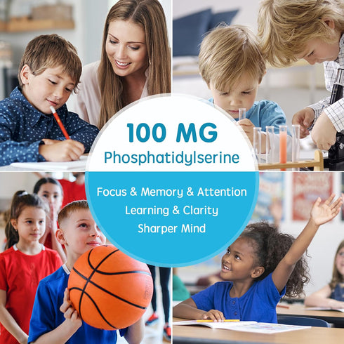 Sugar Free Phosphatidylserine Supplement 100mg, Kids Brain Gummies with Vitamin D3, C for Focus & Memory, 120 Cts