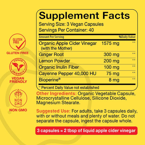 Immunity 120 Intentionally Bare Apple Cider Vinegar with Mother Capsules - ACV Capsules with Ginger, Lemon, Cayenne