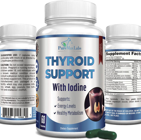 Thyroid Support with Iodine - Metabolism & Energy Booster, Increase Focus - Premium Non-GMO Thyroid Supplement (60