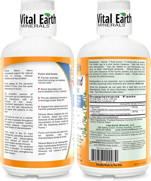 Vital Earth Minerals Fulvic Humic Mineral Blend Liquid – Fulvic Acid Supplement with 70+ Trace Minerals, Electrolytes for Recovery, Balance & Energy, 32 Oz + 1 Oz Cup