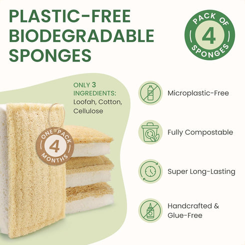 Pack 4 Natural Kitchen Sponges Eco-Friendly, Compostable Dish Sponges Loofah & Cellulose Scrubbers Plastic-Free