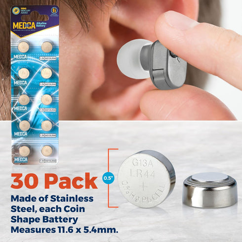 MEDca 1.5V Alkaline Batteries - LR44 AG13 357 303 SR44 Button Coin Cell for Hearing Aids, Toys, Remotes, 30 PCS