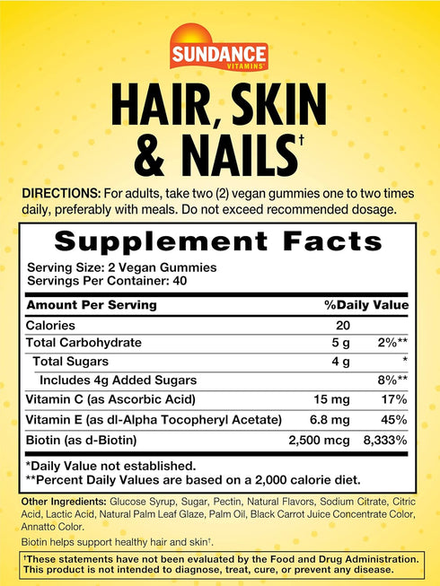 Sundance Hair, Skin, and Nails Gummies | with Biotin 2,500 mcg | 80 Count | Fruit Flavor Vitamin | Vegan, Non-GMO, and Gluten Free Supplement