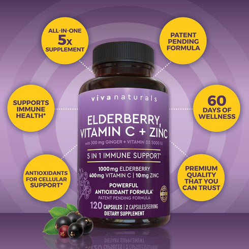 Viva Naturals Elderberry with Vitamin C and Zinc for Adults - 5 in 1 Sambucus Black Elderberry Capsules with Vitamin D3