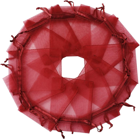 100pcs Red Organza Gift Pouches, 2x3 Inch Sheer Drawstring Bags for Jewelry, Wedding, Party & Christmas Favor Gifts