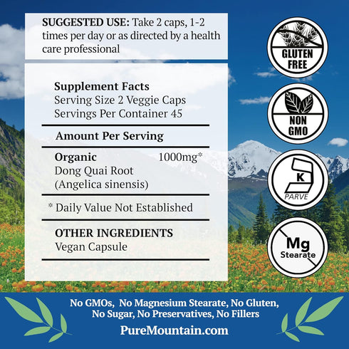 Pure Mountain Botanicals Dong Quai Capsules, 500mg Dong Quai Root Supplement, Kosher Vegan Caps