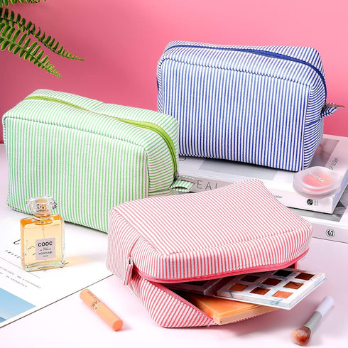 Sanwuta 3 Pack Seersucker Makeup Bag, Cute Stripe Cosmetic Pouch Gifts for Women and Girls (Pink, Blue, Green)