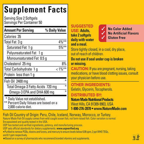 Nature Made Fish Oil 1200 mg Softgels | Omega 3 Fish Oil for Healthy Heart Support | 100 Softgels, 50 Day Supply