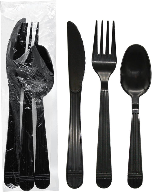 Party Essentials Individually Wrapped Black Plastic Cutlery Pack, Heavy Duty Silverware Kits, 50 Sets of Forks, Spoons,