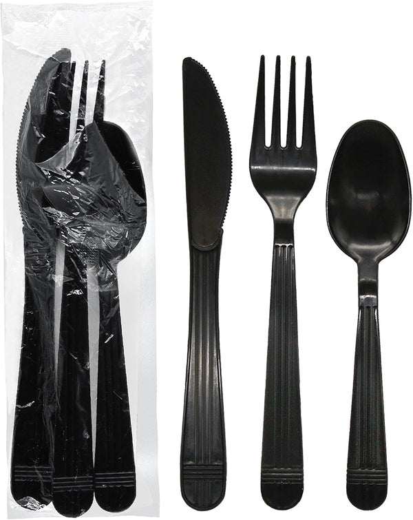 Party Essentials Individually Wrapped Black Plastic Cutlery Pack, Heavy Duty Silverware Kits, 50 Sets of Forks, Spoons,