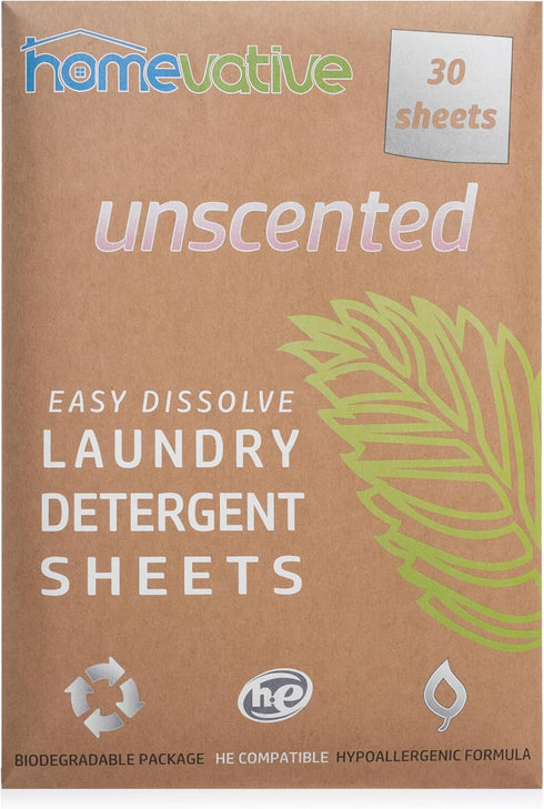 Homevative Laundry Detergent Sheets - 30 Sheets, Up to 60 Loads, Easy Dissolve, Unscented, Eco Package, HE Compatible