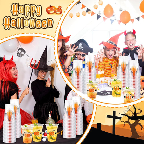 Tiangrid 100 16 oz Pcs Halloween Plastic Cups Bulk Disposable Halloween Boo Party Cups Spooky Clear Plastic Glasses