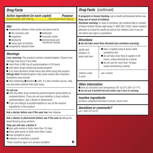 Amazon Basic Care Extra Strength Pain Relief, Acetaminophen Caplets 500 mg, 100 Count