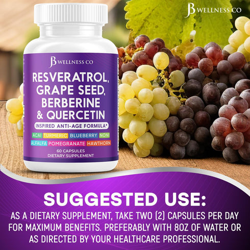 JB Wellness Co 180 JB Wellness Resveratrol, Grape Seed Extract, Berberine, Quercetin - Polyphenol Supplement for Women