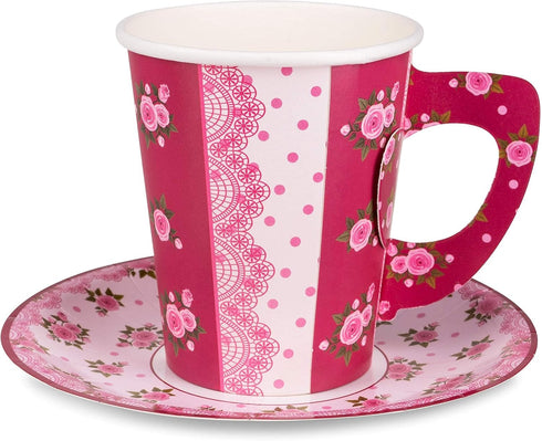 Royal Bluebonnet Paper Tea Cups and Saucer Sets - 24 Disposable Tea Party Decorations for Valentine's Day, Pink Floral