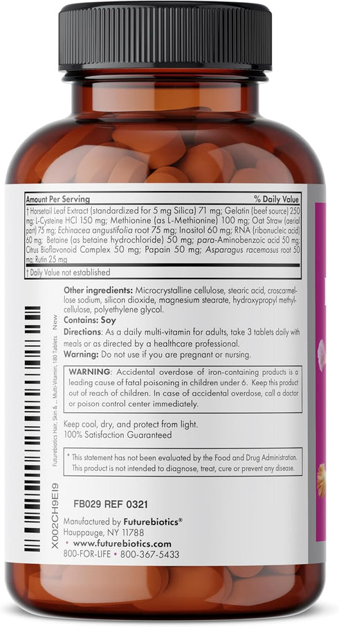 Futurebiotics Hair, Skin & Nails Beauty MultiVitamin with Biotin, 180 Tablets for Healthy Hair and Nail Support