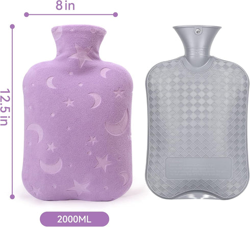 Hot Water Bottle with Soft Cover, 2L Hot Water Bag for Menstrual Cramps, Neck and Shoulder Pain Relief, Purple