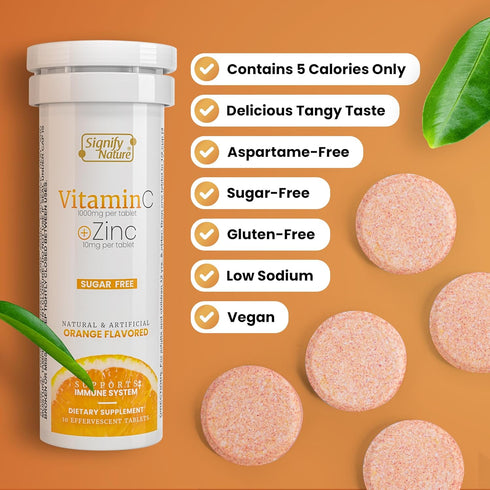 Effervescent Vitamin C 1000mg Tablets - Immune Support with Zinc, Sugar-Free & Vegan, 20CT