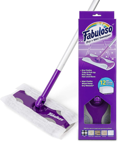Fabuloso Dry and Wet Sweeper with 12 Dry Cleaning Pads, 2-in-1 Sweeping and Light Mopping, Lightweight, Purple