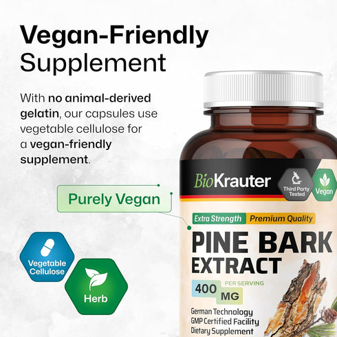 BIO KRAUTER Pine Bark Extract Capsules, 400 mg - 100 Count, Antioxidant Supplement, Vegan, No Fillers