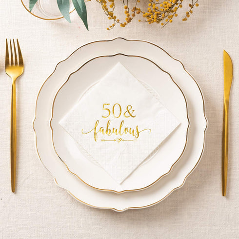 Crisky 50 and Fabulous Cocktail Napkins, Gold, 50Pcs for Women 50th Birthday Decorations, 3-Ply
