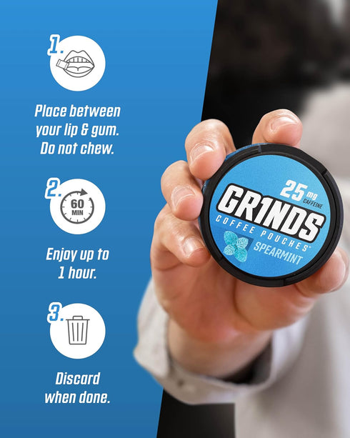 Grinds Coffee Pouches - Tobacco Free, Nicotine Free Healthy Alternative, 3 Cans of Spearmint