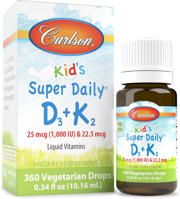 Carlson - Kid's Super Daily D3+K2, 25 mcg D3 & 22.5 mcg K2, Liquid Vitamins for Heart & Bone Health, 360 Drops