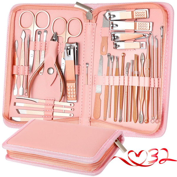 Manicure Set Pedicure Kit, 32 in 1 Professional Nail Clippers Set for Women with Travel Case (Rose Pink)