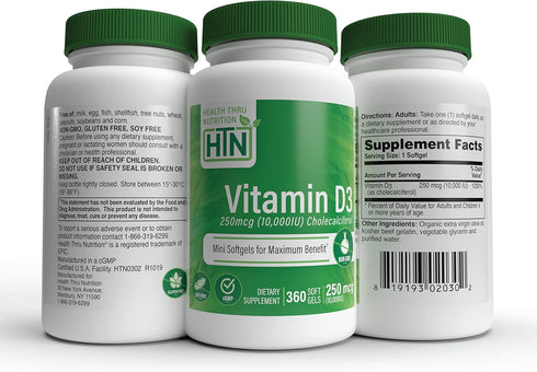 Health Thru Nutrition Vitamin D3 10,000 IU, 360 Mini Softgels for Immune Health Support, Non-GMO