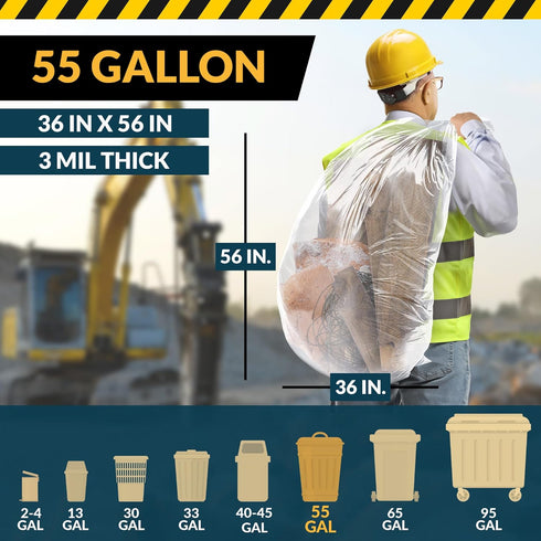 Reli. 55 Gallon Heavy Duty Contractor Trash Bags, 20 Bags, 3 Mil, Twist Ties Included, Clear Construction Bags