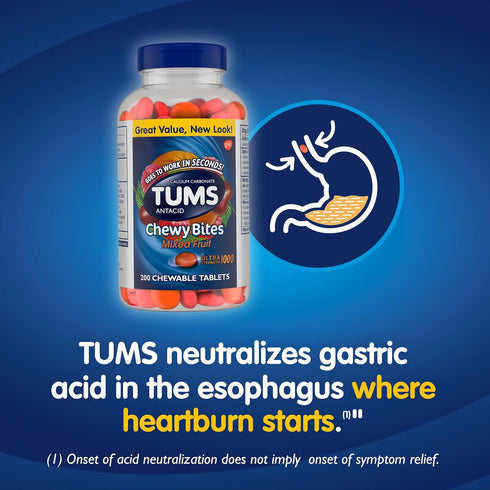 Summer 200 Count TUMS Chewy Bites Chewable Antacid Tablets for Ultra Strength Heartburn Relief, Great for a BBQ- Mixed