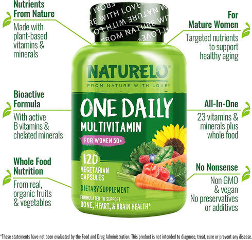NATURELO One Daily Multivitamin for Women 50+ (Iron Free) - Menopause Support - Whole Food Supplement - Non-GMO - 120